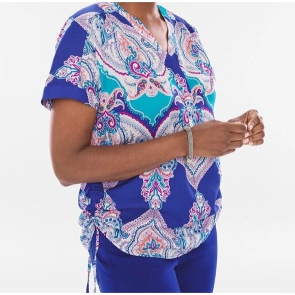 Chicos Boho Peasant Blouse Top Chicos 2/L/12 Paisley Chic Cap Sleeve Side Cinch - Picture 2 of 10